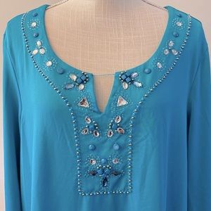 Avenue plus women’s turquoise embellished V neck tunic / top 3/4 sleeve 18/20